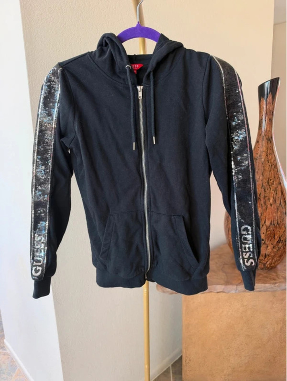Guess Black Zip Up Hoodie Sequin Stripe Logo Jacket Y2K MCBling XS